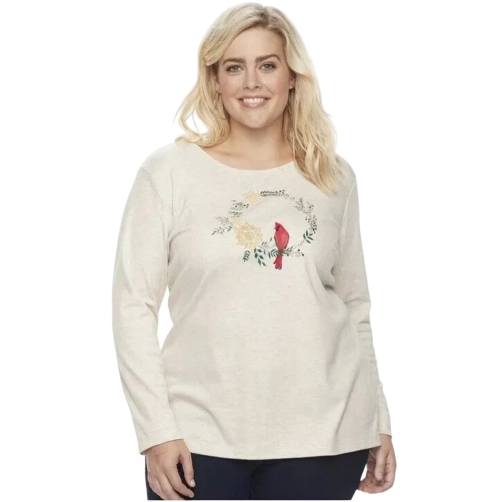Croft‎ & Barrow Women's Long Sleeve Top Beige Cardinal Bird Wreath Tee M